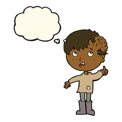 cartoon boy with growth on head with thought bubble