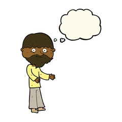 cartoon happy bearded man with thought bubble