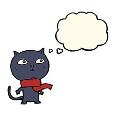 cartoon black cat wearing scarf with thought bubble