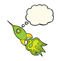 cartoon space rocket with thought bubble