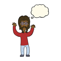 Obraz na płótnie Canvas cartoon hippie man waving arms with thought bubble