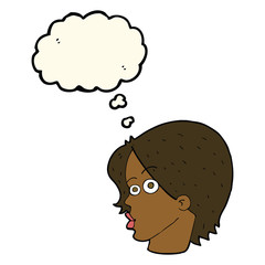 cartoon female face with thought bubble