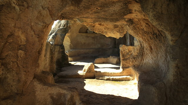 Aerial View: Eski-Kermen cave city, Bakhchisaray, Crimea. Autumn 2013. Eski Kermen is the medieval city-stronghold in the Crimea. Eski Kermen was founded in the VI century as a Byzantine stronghold.