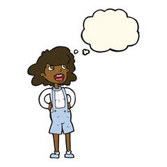 cartoon woman in dungarees with thought bubble