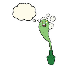 cartoon spooky ghost in bottle with thought bubble