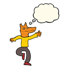cartoon happy fox man with thought bubble