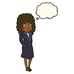 cartoon woman in trench coat with thought bubble