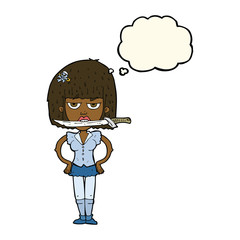 cartoon woman with knife between teeth with thought bubble