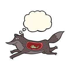 cartoon wolf with mouse in belly with thought bubble