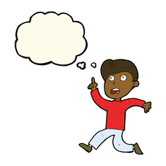 cartoon boy panicking with thought bubble