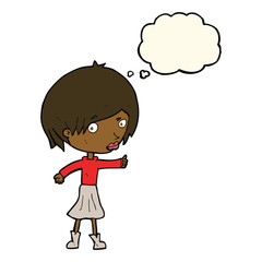 cartoon woman raising eyebrow with thought bubble