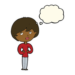 cartoon woman making Who Me? gesture with thought bubble