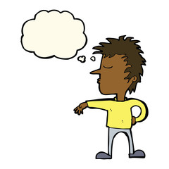 cartoon man making camp gesture with thought bubble