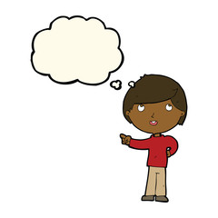 cartoon boy pointing with thought bubble