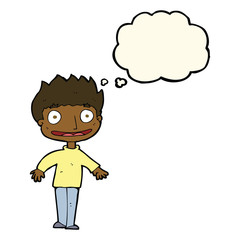 cartoon excited boy with thought bubble