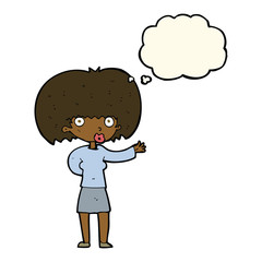 cartoon woman gesturing with thought bubble