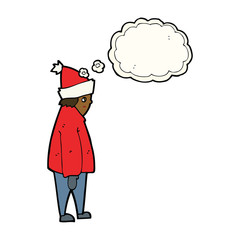 cartoon person in winter clothes with thought bubble