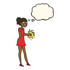 cartoon woman clapping hands with thought bubble