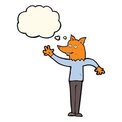 cartoon waving fox man with thought bubble