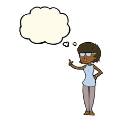 cartoon woman wearing spectacles with thought bubble