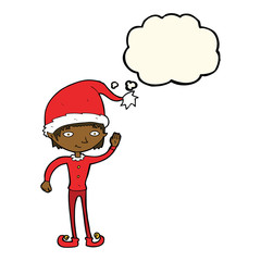 cartoon waving christmas elf with thought bubble