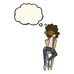 cartoon woman posing on chair with thought bubble