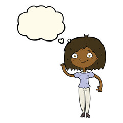 cartoon woman waving with thought bubble