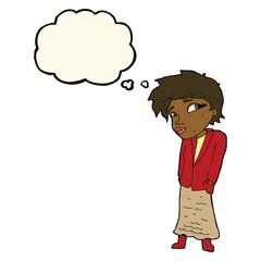 cartoon woman with hands in pockets with thought bubble