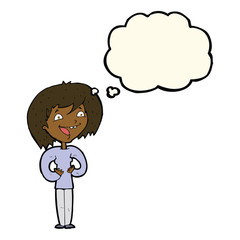 cartoon excited woman with thought bubble
