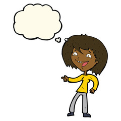cartoon woman laughing and pointing with thought bubble