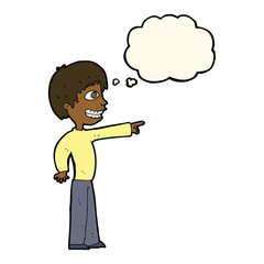 cartoon grinning boy pointing with thought bubble