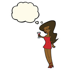 cartoon woman at party with thought bubble