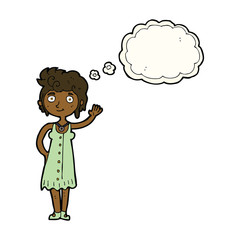 cartoon hippie woman waving with thought bubble