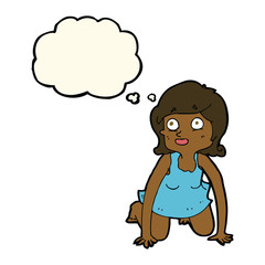 cartoon woman on all fours with thought bubble