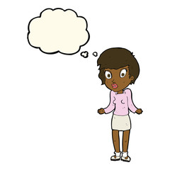 cartoon woman shrugging shoulders with thought bubble