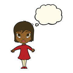 cartoon girl in dress with thought bubble