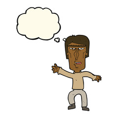 cartoon angry man waving warning with thought bubble