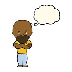 cartoon shocked bald man with beard with thought bubble