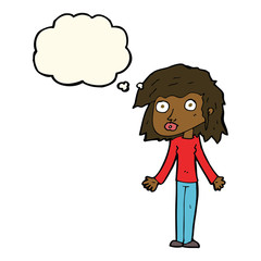 cartoon girl shrugging shoulders with thought bubble