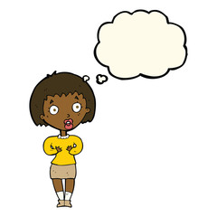 cartoon woman making Who Me? gesture with thought bubble