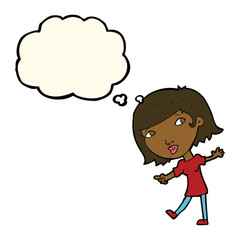 cartoon happy girl gesturing to follow with thought bubble