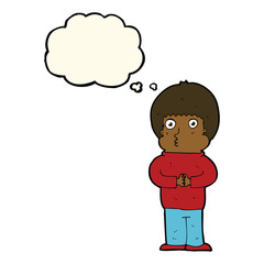 cartoon shy boy with thought bubble