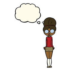 cartoon librarian woman with thought bubble