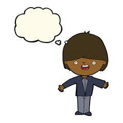 cartoon happy boy with open arms with thought bubble