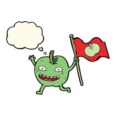 cartoon apple with flag with thought bubble