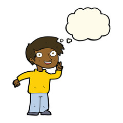 cartoon boy posing for photo with thought bubble