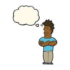 cartoon sulking man with thought bubble