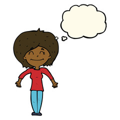 cartoon woman shrugging shoulders with thought bubble