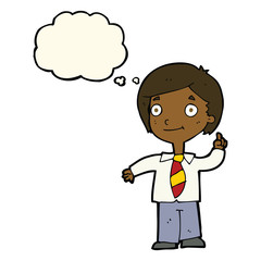 cartoon school boy answering question with thought bubble