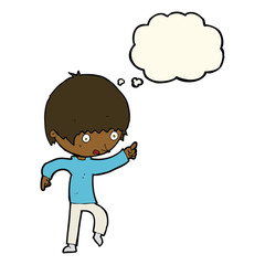 Fototapeta premium cartoon worried boy pointing with thought bubble